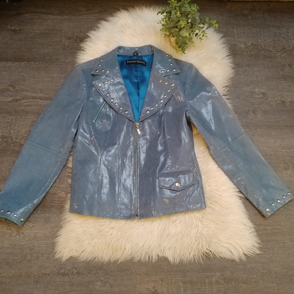 Pamela Mccoy Blue Snakeskin Studded 